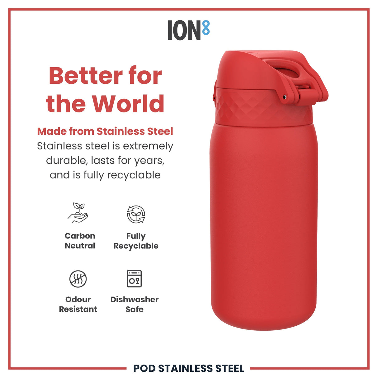 ION8 Leak Proof Water Bottle, Stainless Steel, Red, 400ml (13oz)