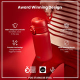 ION8 Leak Proof Water Bottle, Stainless Steel, Red, 400ml (13oz)