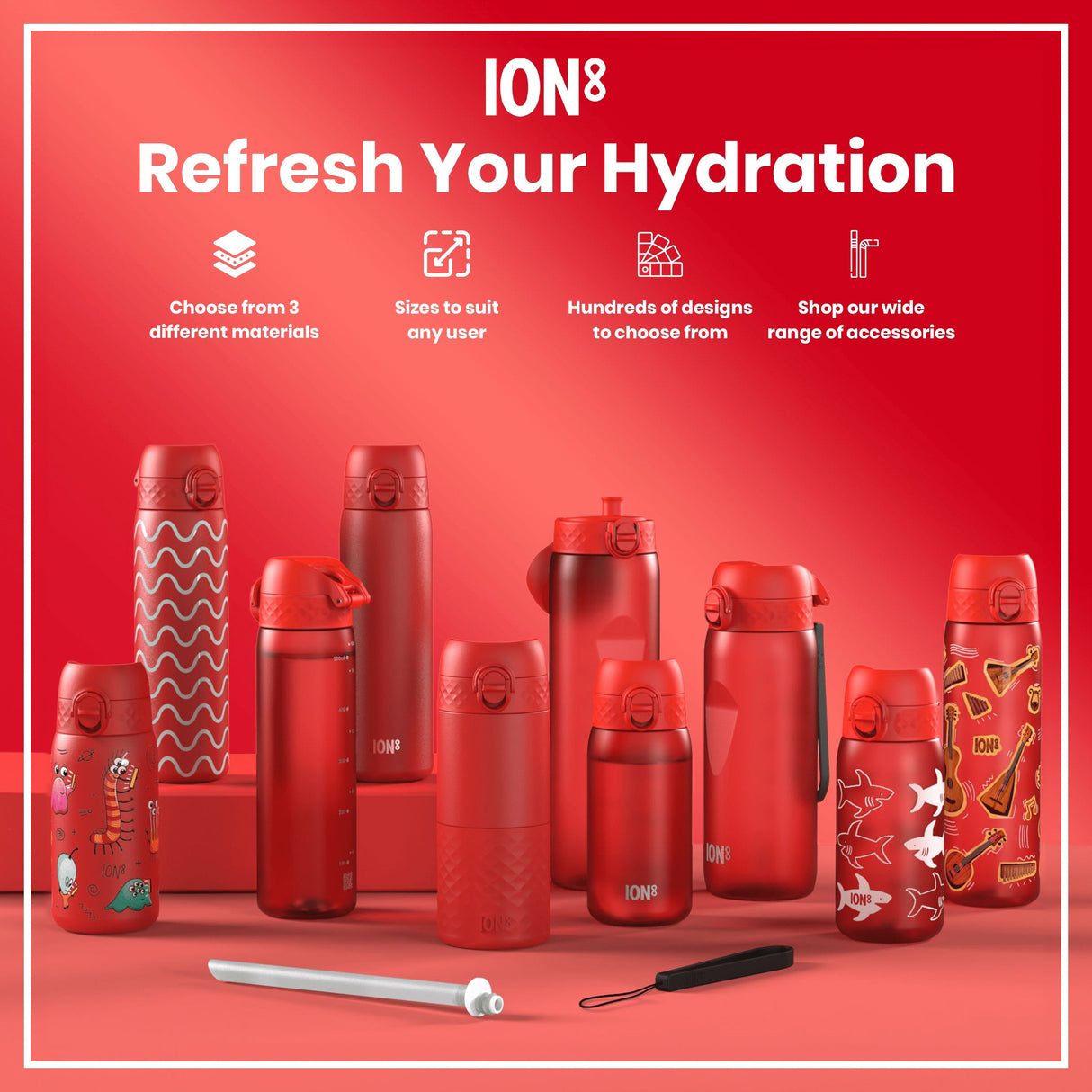 ION8 Leak Proof Water Bottle, Stainless Steel, Red, 400ml (13oz)