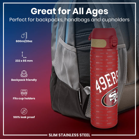 ION8 Leak Proof NFL Water Bottle, Stainless Steel, San Francisco 49ers, 600ml (20oz)