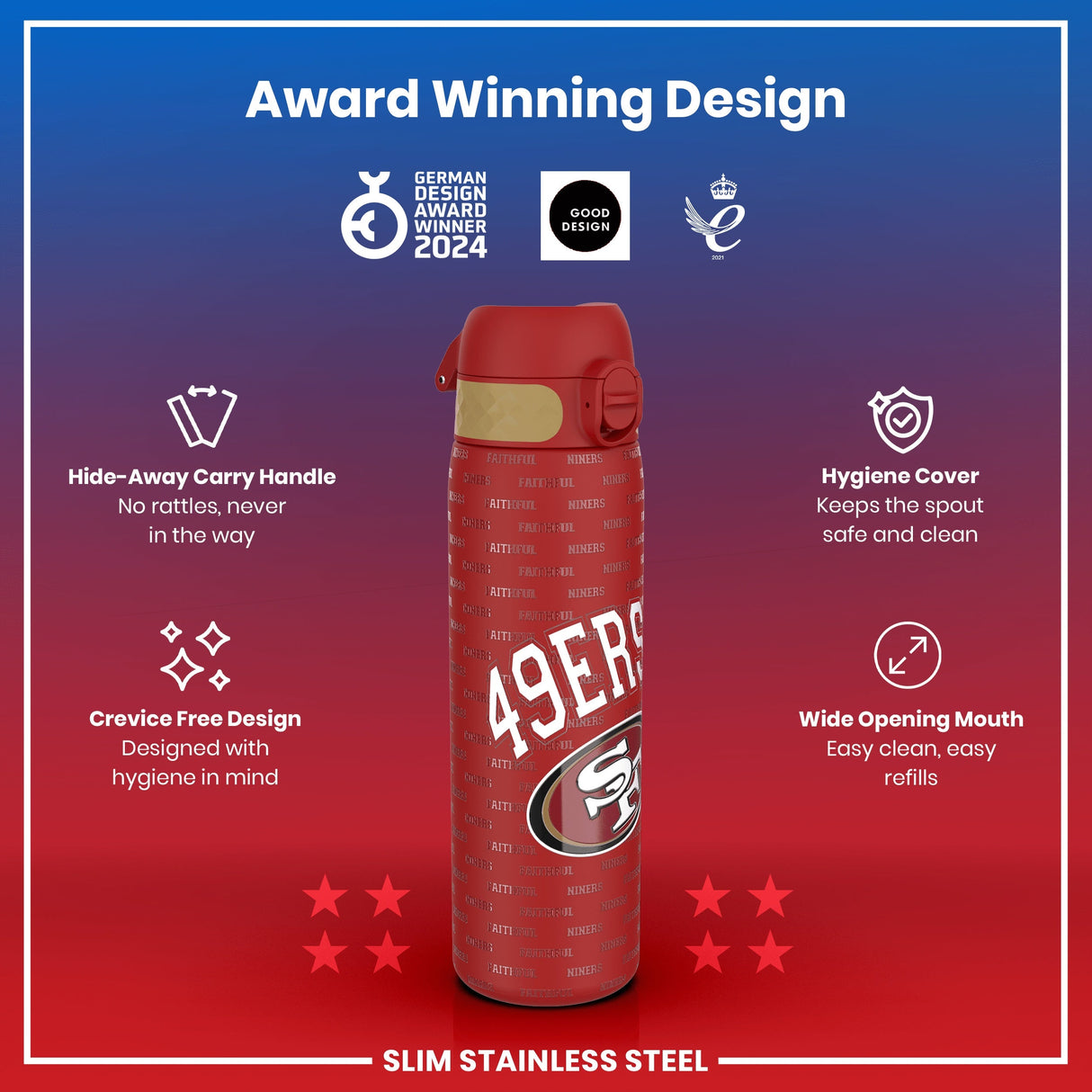 ION8 Leak Proof NFL Water Bottle, Stainless Steel, San Francisco 49ers, 600ml (20oz)