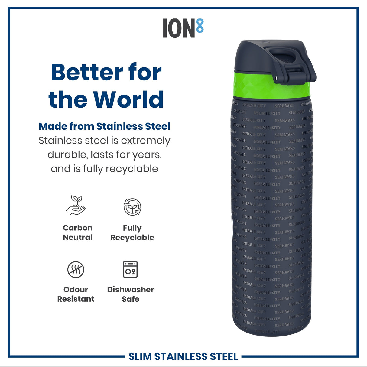 ION8 Leak Proof NFL Water Bottle, Stainless Steel, Seattle Seahawks, 600ml (20oz)
