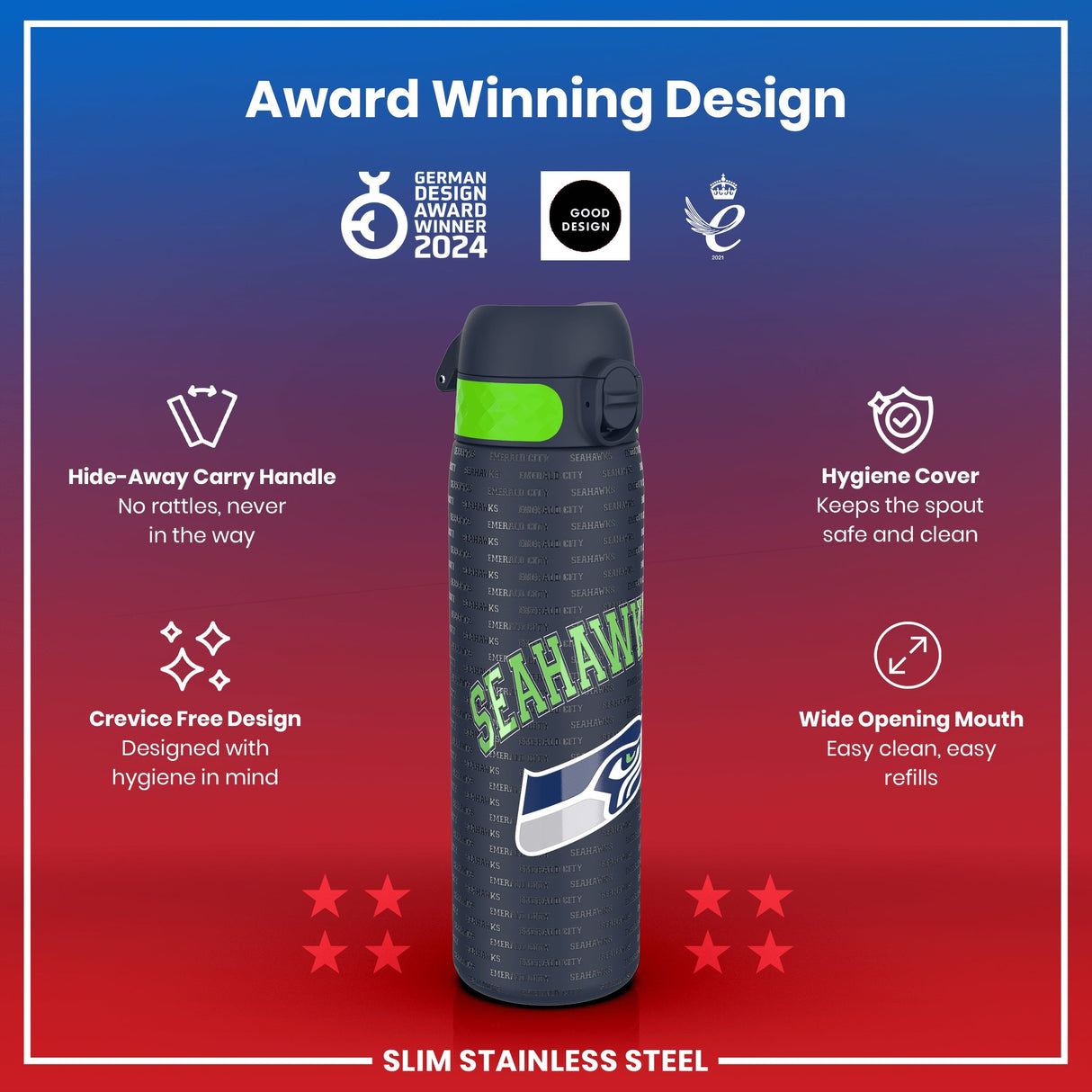 ION8 Leak Proof NFL Water Bottle, Stainless Steel, Seattle Seahawks, 600ml (20oz)