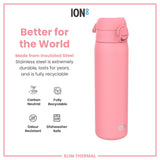 ION8 Leak Proof Slim Thermal Steel Water Bottle, Insulated, Rose Bloom, 500ml (17oz)