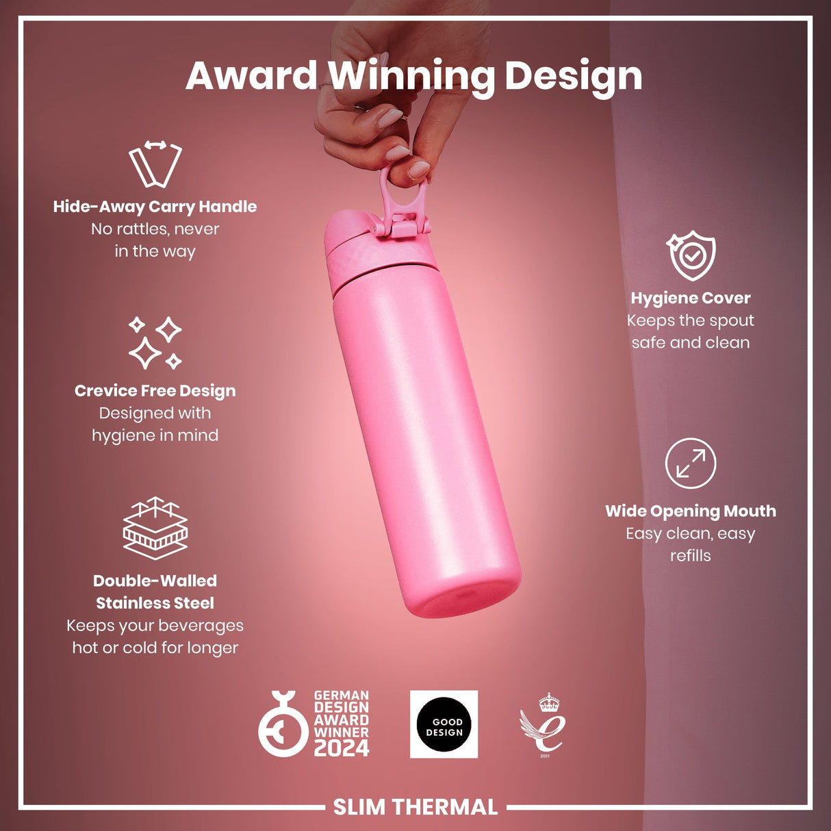 ION8 Leak Proof Slim Thermal Steel Water Bottle, Insulated, Rose Bloom, 500ml (17oz)