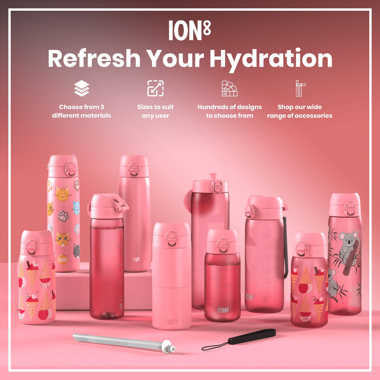ION8 Leak Proof Slim Thermal Steel Water Bottle, Insulated, Rose Bloom, 500ml (17oz)