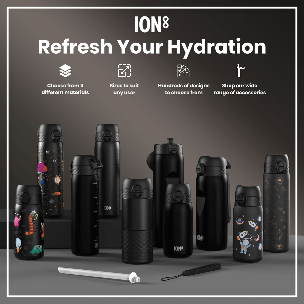 ION8 Leak Proof Water Bottle, Stainless Steel, Black, 400ml (13oz)