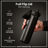 ION8 Leak Proof Slim Water Bottle, Stainless Steel, Black, 600ml (20oz)