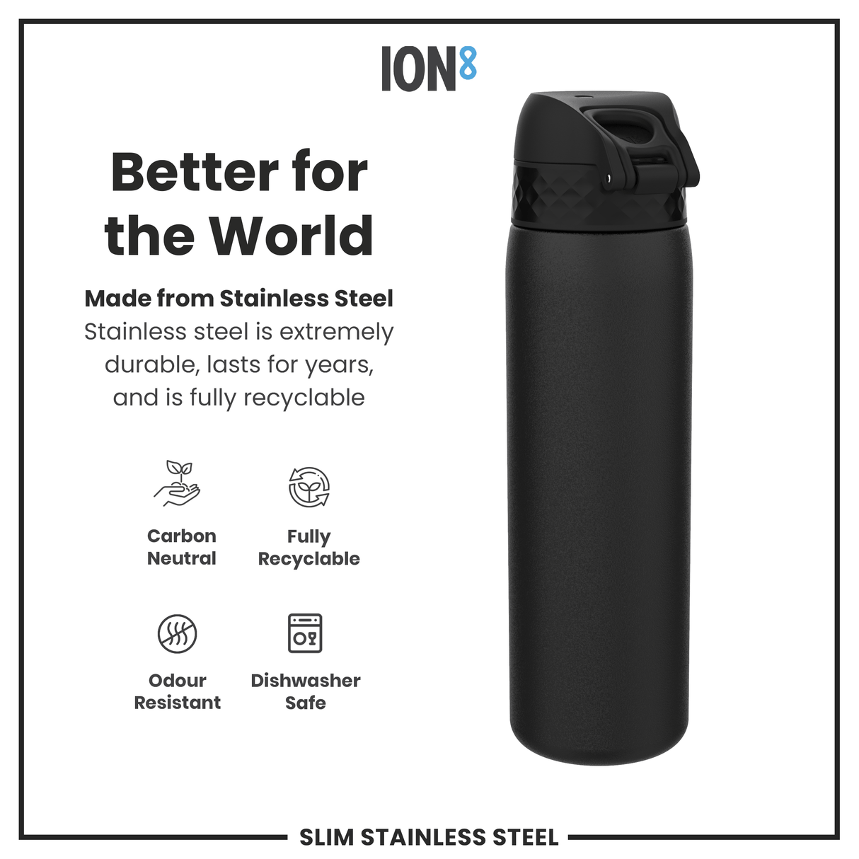 ION8 Leak Proof Slim Water Bottle, Stainless Steel, Black, 600ml (20oz)