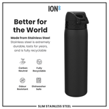 ION8 Leak Proof Slim Water Bottle, Stainless Steel, Black, 600ml (20oz)
