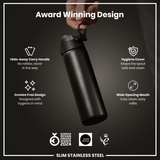 ION8 Leak Proof Slim Water Bottle, Stainless Steel, Black, 600ml (20oz)