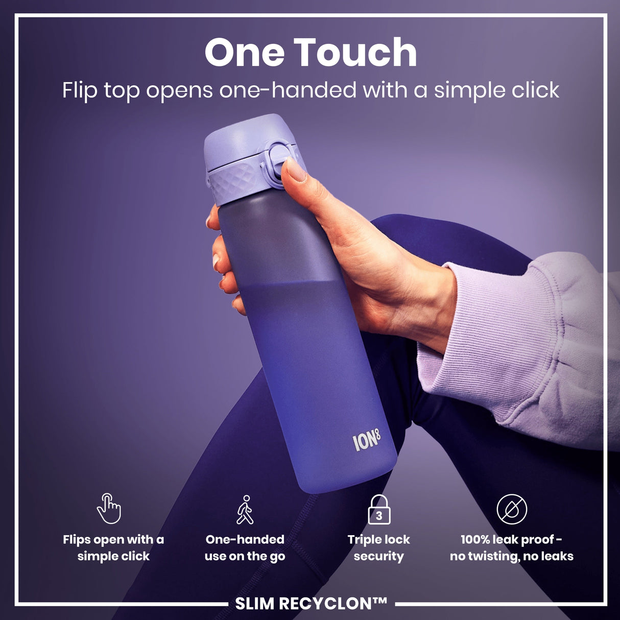 ION8 Leak Proof Slim Water Bottle, Recyclon, Light Purple, 500ml (18oz)