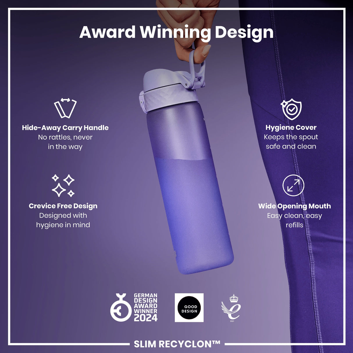 ION8 Leak Proof Slim Water Bottle, Recyclon, Light Purple, 500ml (18oz)