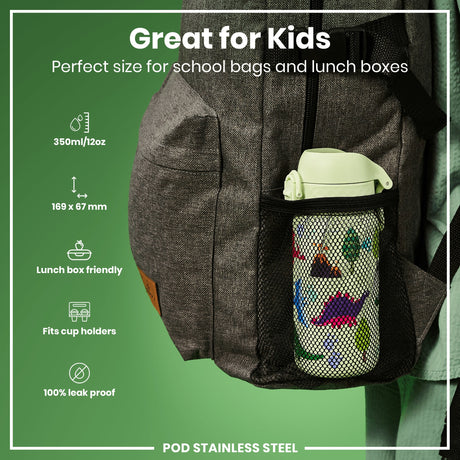 ION8 Leak Proof Water Bottle, Stainless Steel, Dinosaurs, 400ml (13oz)