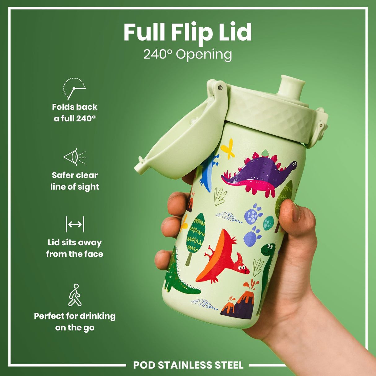 ION8 Leak Proof Water Bottle, Stainless Steel, Dinosaurs, 400ml (13oz)