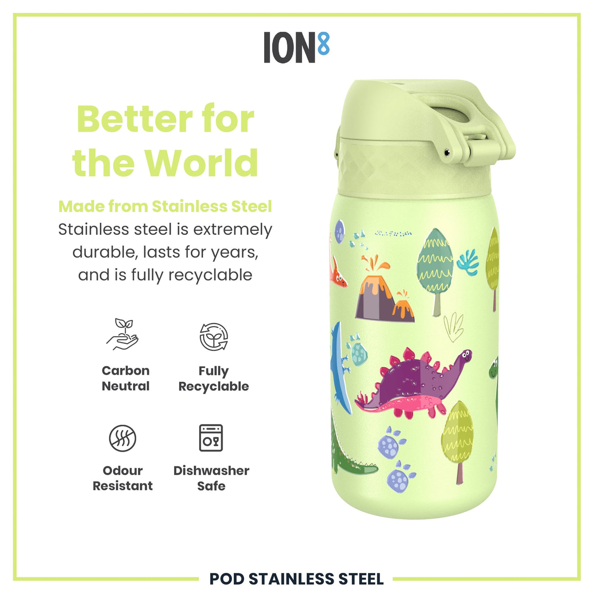 ION8 Leak Proof Water Bottle, Stainless Steel, Dinosaurs, 400ml (13oz)