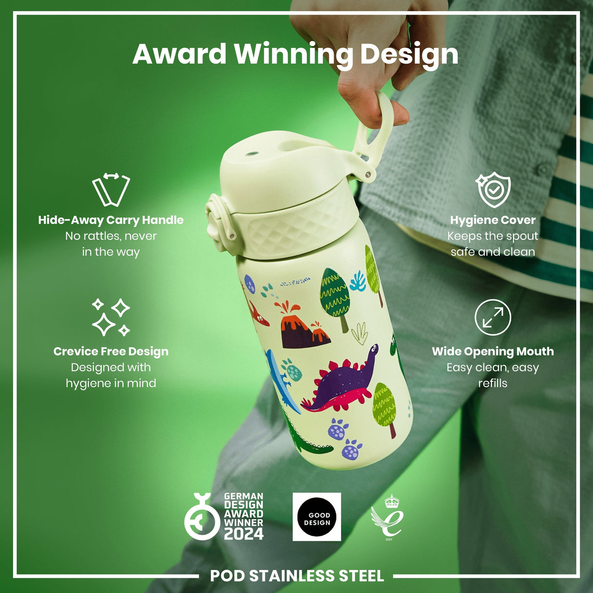 ION8 Leak Proof Water Bottle, Stainless Steel, Dinosaurs, 400ml (13oz)