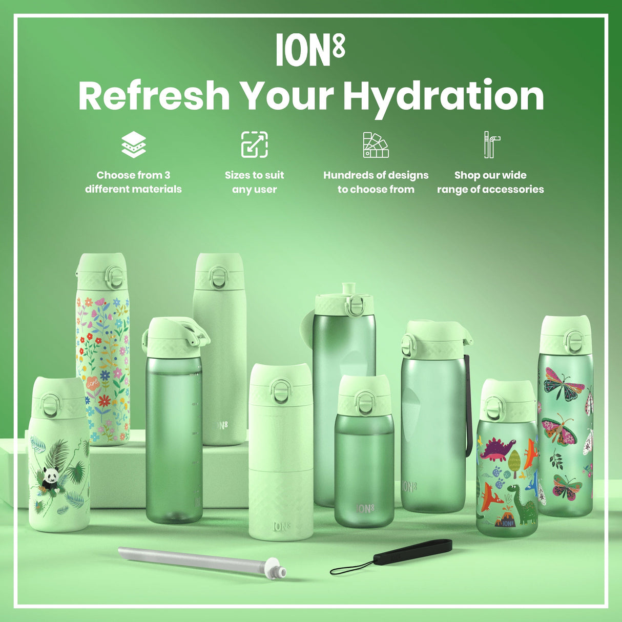 ION8 Leak Proof Water Bottle, Stainless Steel, Dinosaurs, 400ml (13oz)