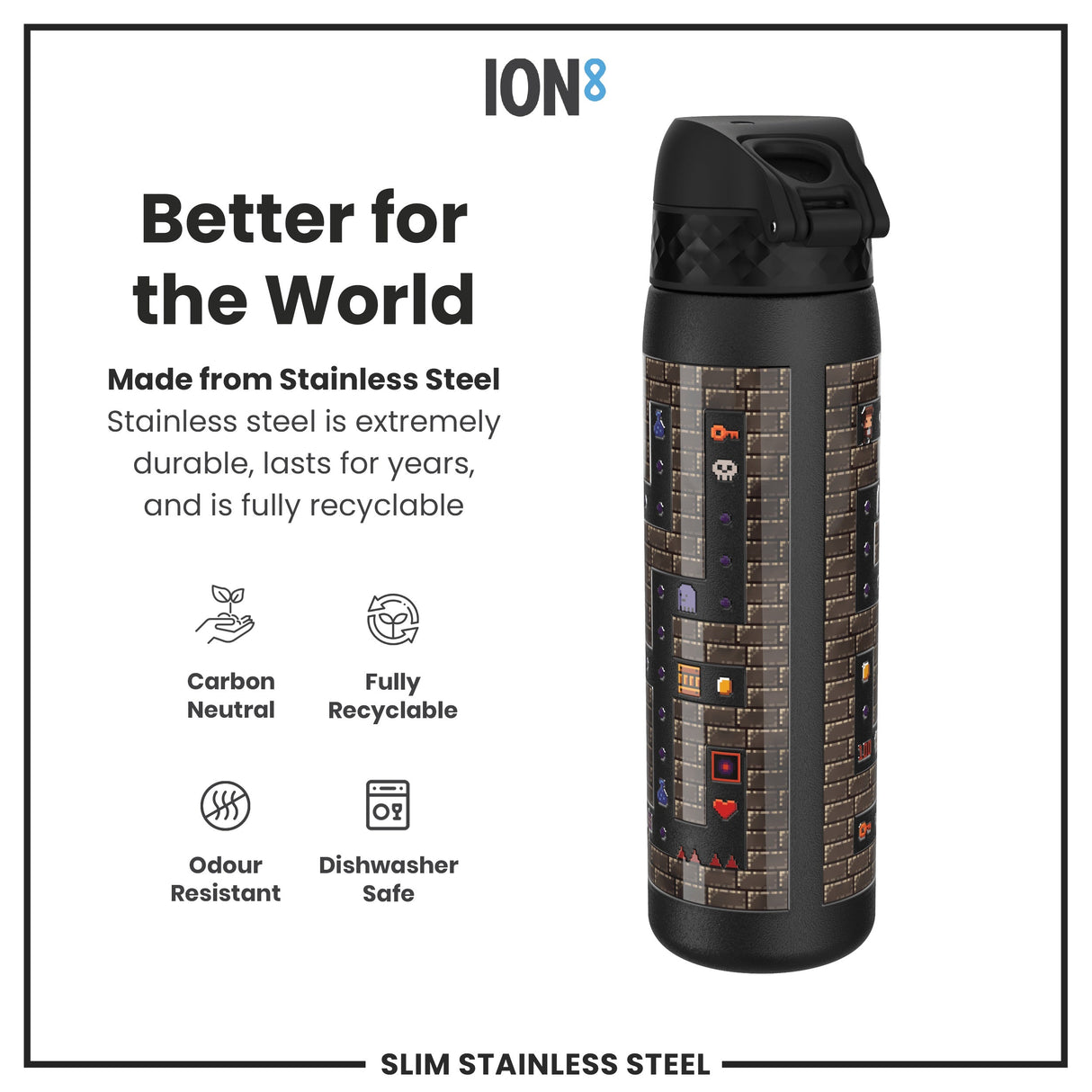 ION8 Leak Proof Slim Water Bottle, Stainless Steel, Gamer, 600ml (20oz)