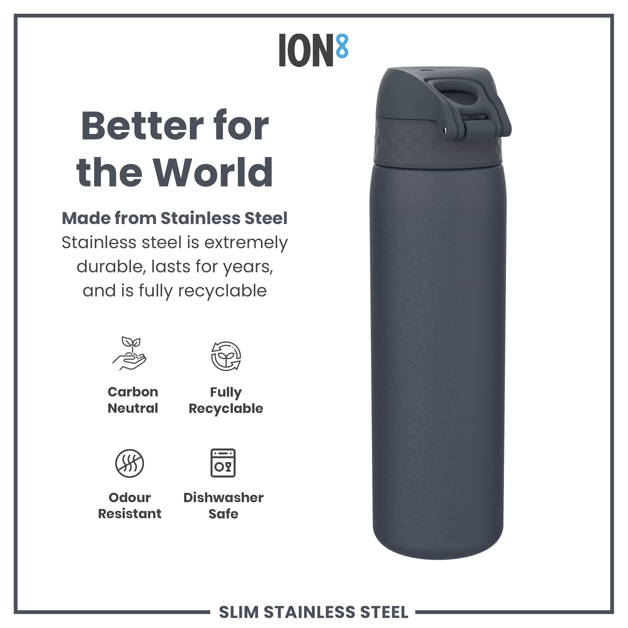 Shop ION8 Leak Proof Slim Water Bottle Stainless Steel Ash Navy 600ml Shop ION8 Leak Proof Slim Water Bottle Stainless Steel Ash Navy 600ml