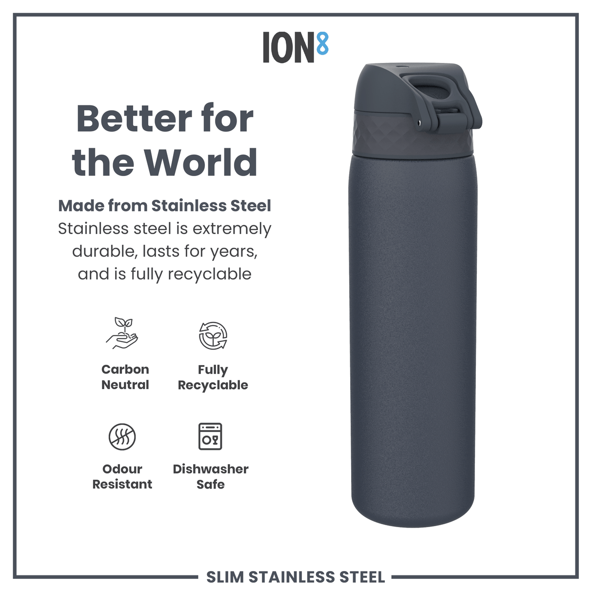 ION8 Leak Proof Slim Water Bottle, Stainless Steel, Ash Navy, 600ml (20oz)