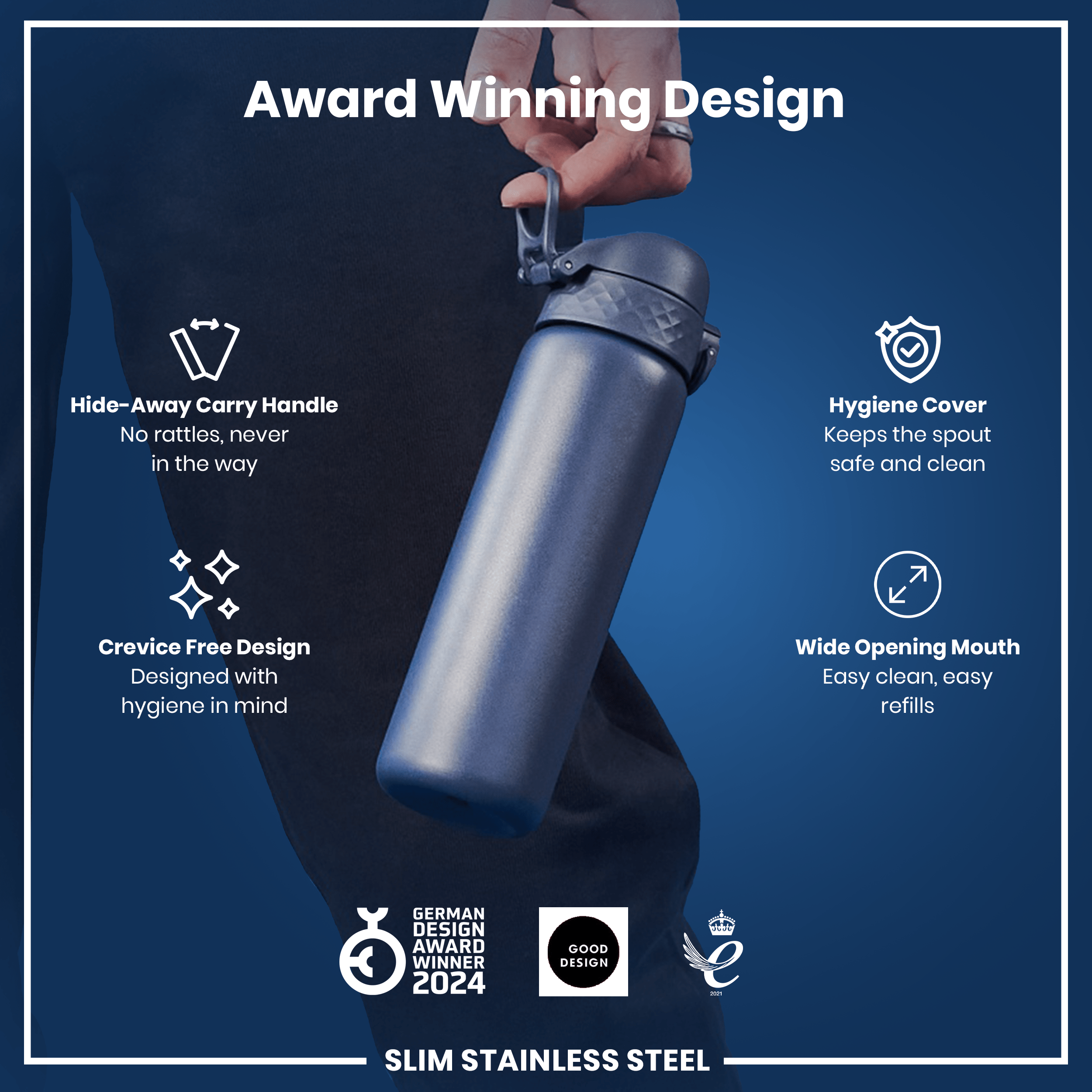 Shop ION8 Leak Proof Slim Water Bottle Stainless Steel Ash Navy 600ml Shop ION8 Leak Proof Slim Water Bottle Stainless Steel Ash Navy 600ml