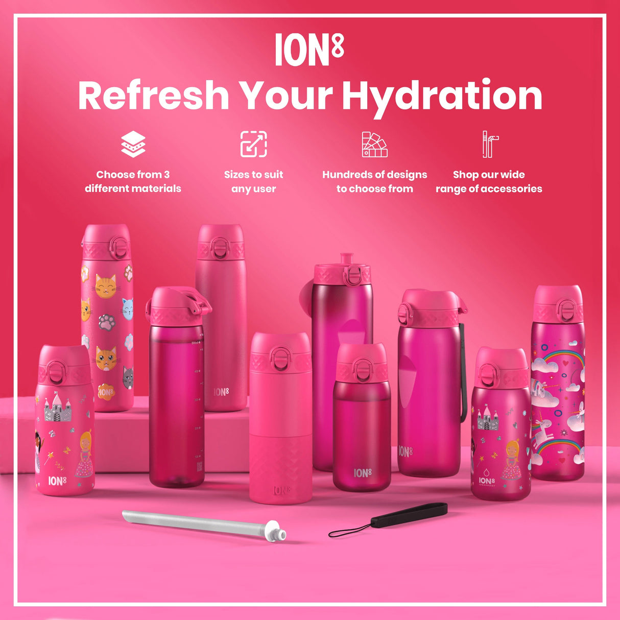 ION8 Leak Proof Thermal Steel Water Bottle, Insulated, Rose Bloom, 320ml (11oz)