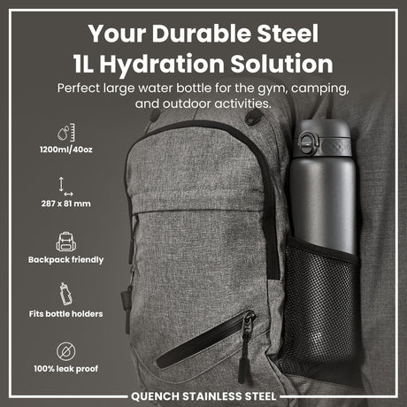 ION8 Leak Proof 1 Litre Water Bottle, Stainless Steel, Grey, 1L