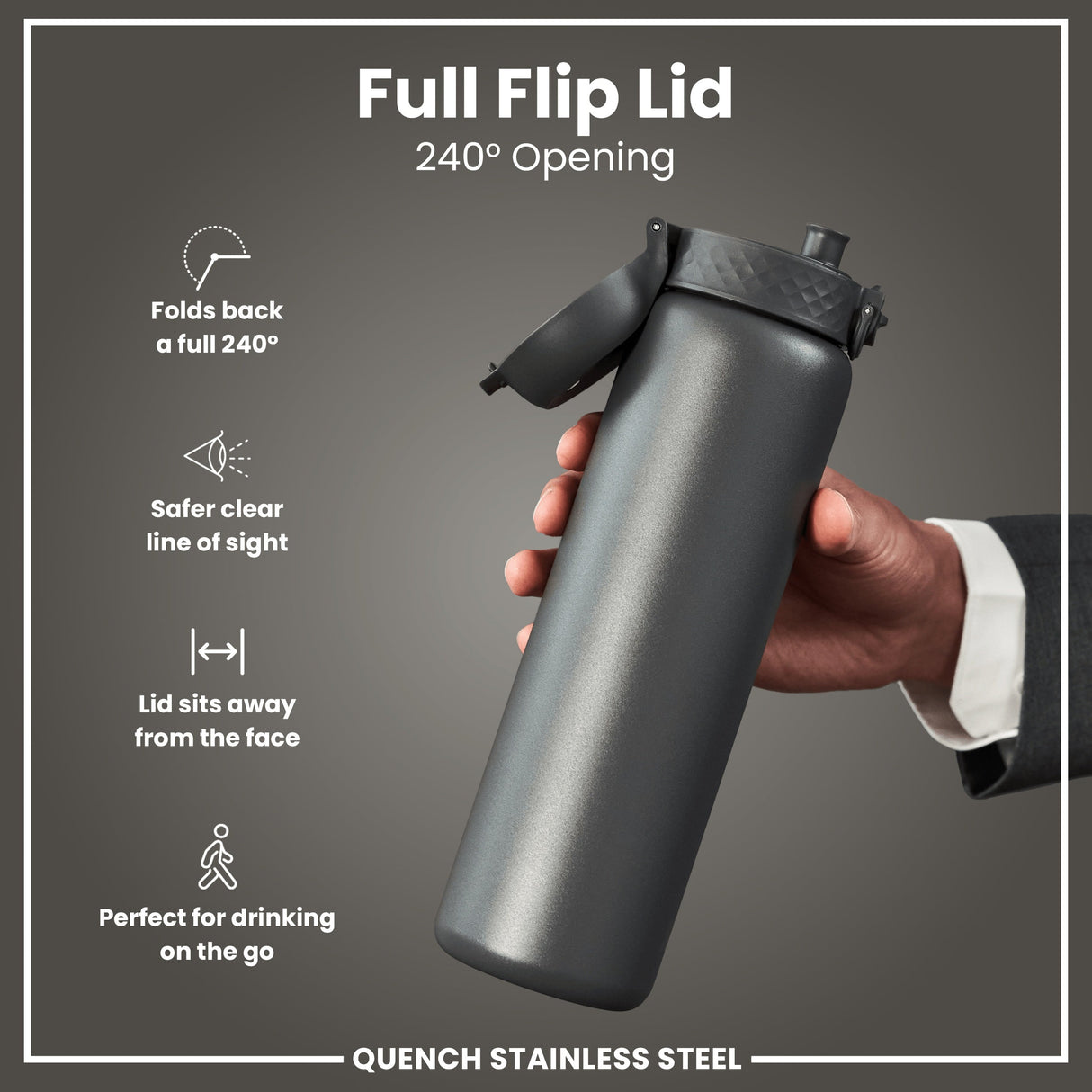 ION8 Leak Proof 1 Litre Water Bottle, Stainless Steel, Grey, 1L
