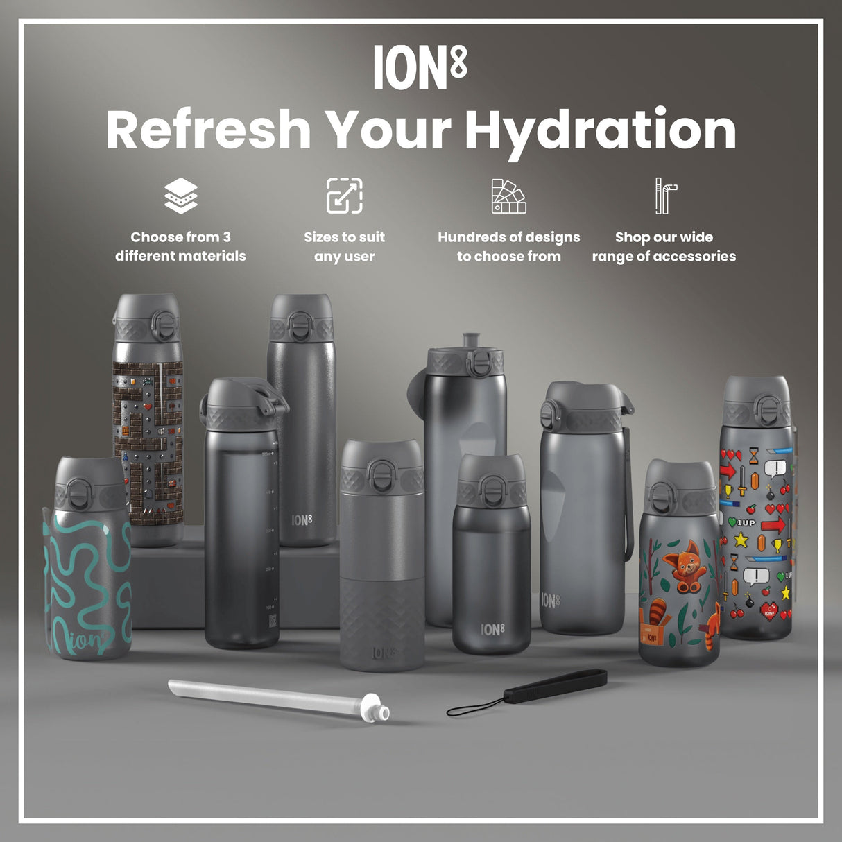 ION8 Leak Proof 1 Litre Water Bottle, Stainless Steel, Grey, 1L