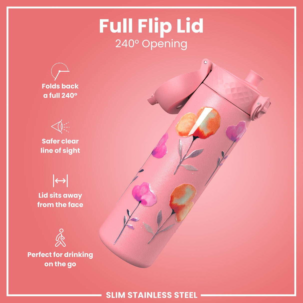 ION8 Leak Proof Slim Water Bottle, Stainless Steel, Flowers, 600ml (20oz)