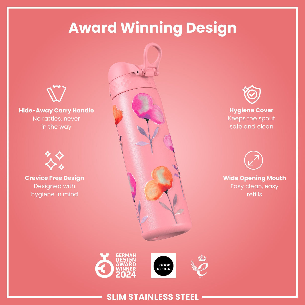 ION8 Leak Proof Slim Water Bottle, Stainless Steel, Flowers, 600ml (20oz)
