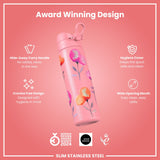 ION8 Leak Proof Slim Water Bottle, Stainless Steel, Flowers, 600ml (20oz)