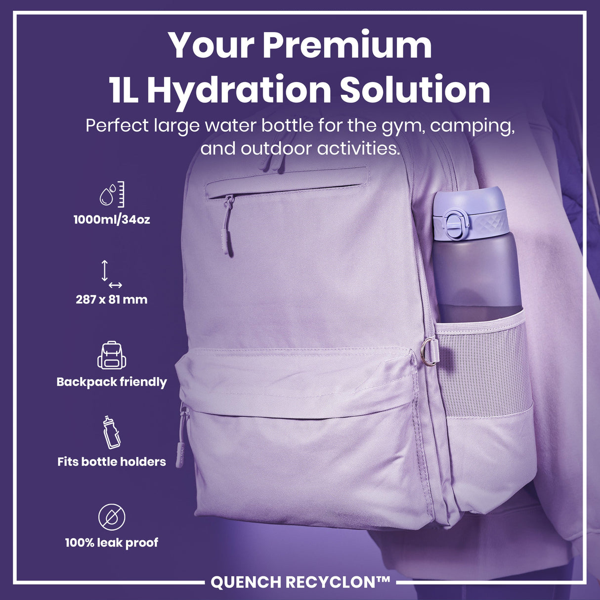 ION8 Leak Proof 1 litre Water Bottle, Recyclon, Light Purple, 1L