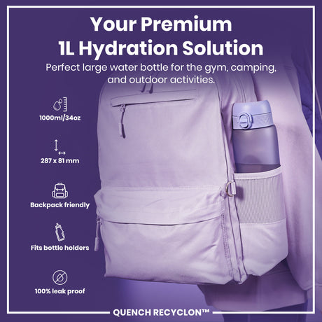 ION8 Leak Proof 1 litre Water Bottle, Recyclon, Light Purple, 1L