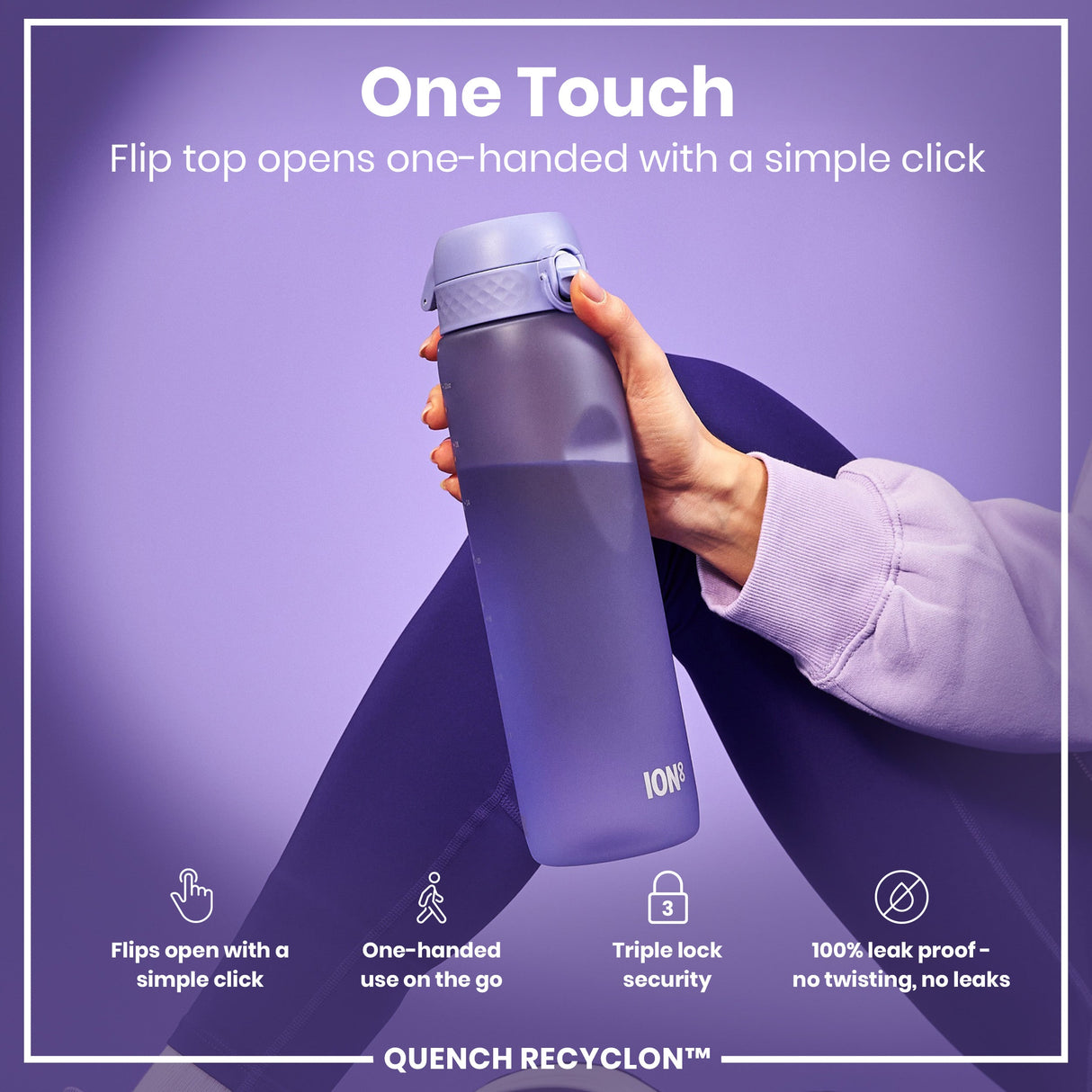 ION8 Leak Proof 1 litre Water Bottle, Recyclon, Light Purple, 1L