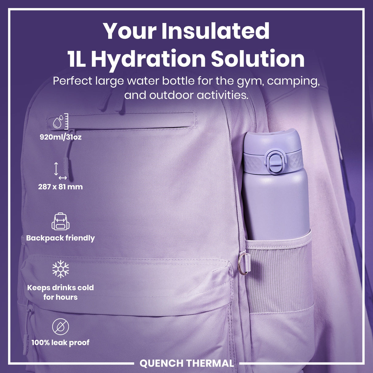 ION8 Leak Proof 1 Litre Thermal Water Bottle, Insulated, Light Purple, 1L