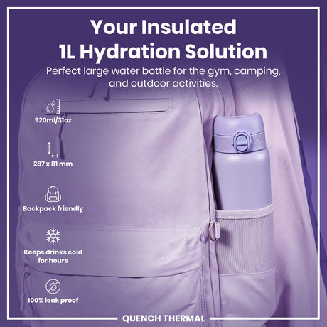 ION8 Leak Proof 1 Litre Thermal Water Bottle, Insulated, Light Purple, 1L