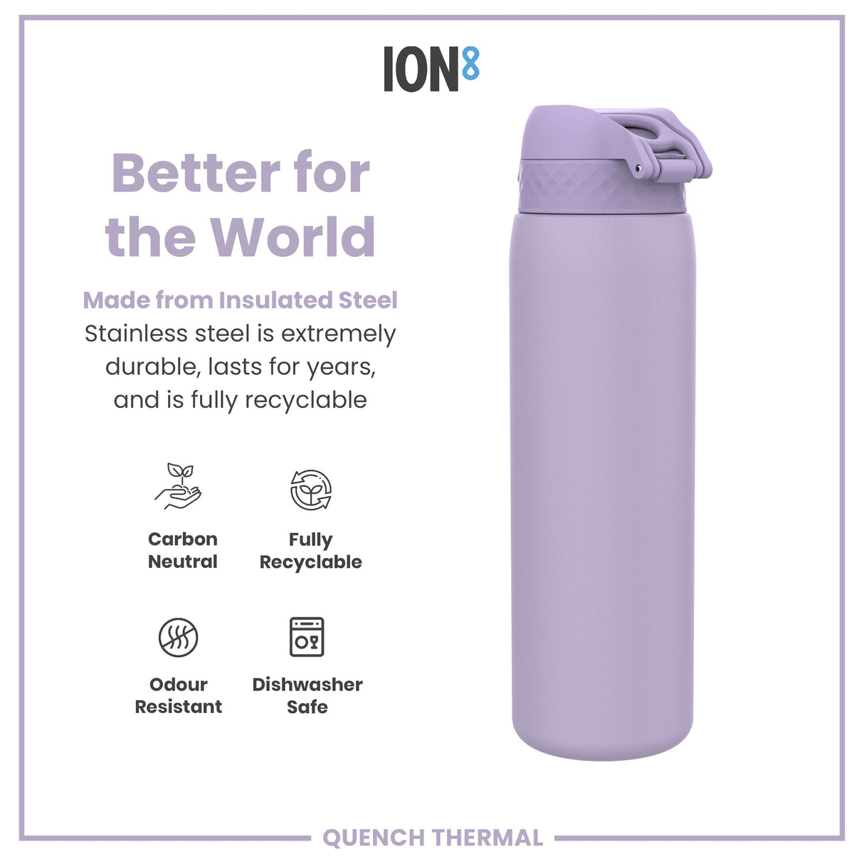 ION8 Leak Proof 1 Litre Thermal Water Bottle, Insulated, Light Purple, 1L