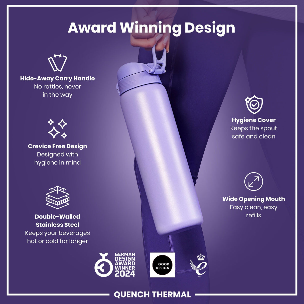ION8 Leak Proof 1 Litre Thermal Water Bottle, Insulated, Light Purple, 1L