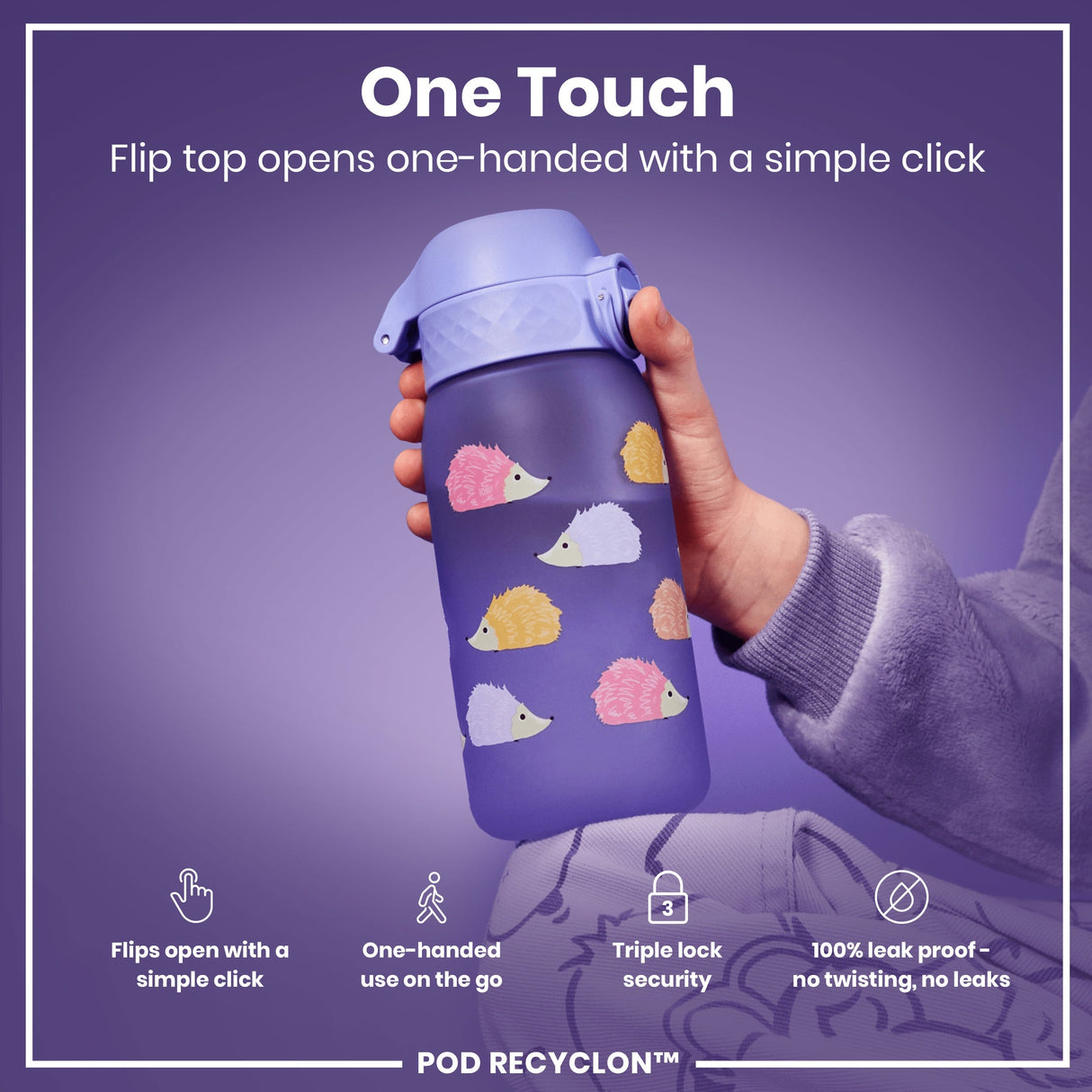 ION8 Leak Proof Kids' Water Bottle, Recyclon, Hedgehogs, 350ml (12oz)