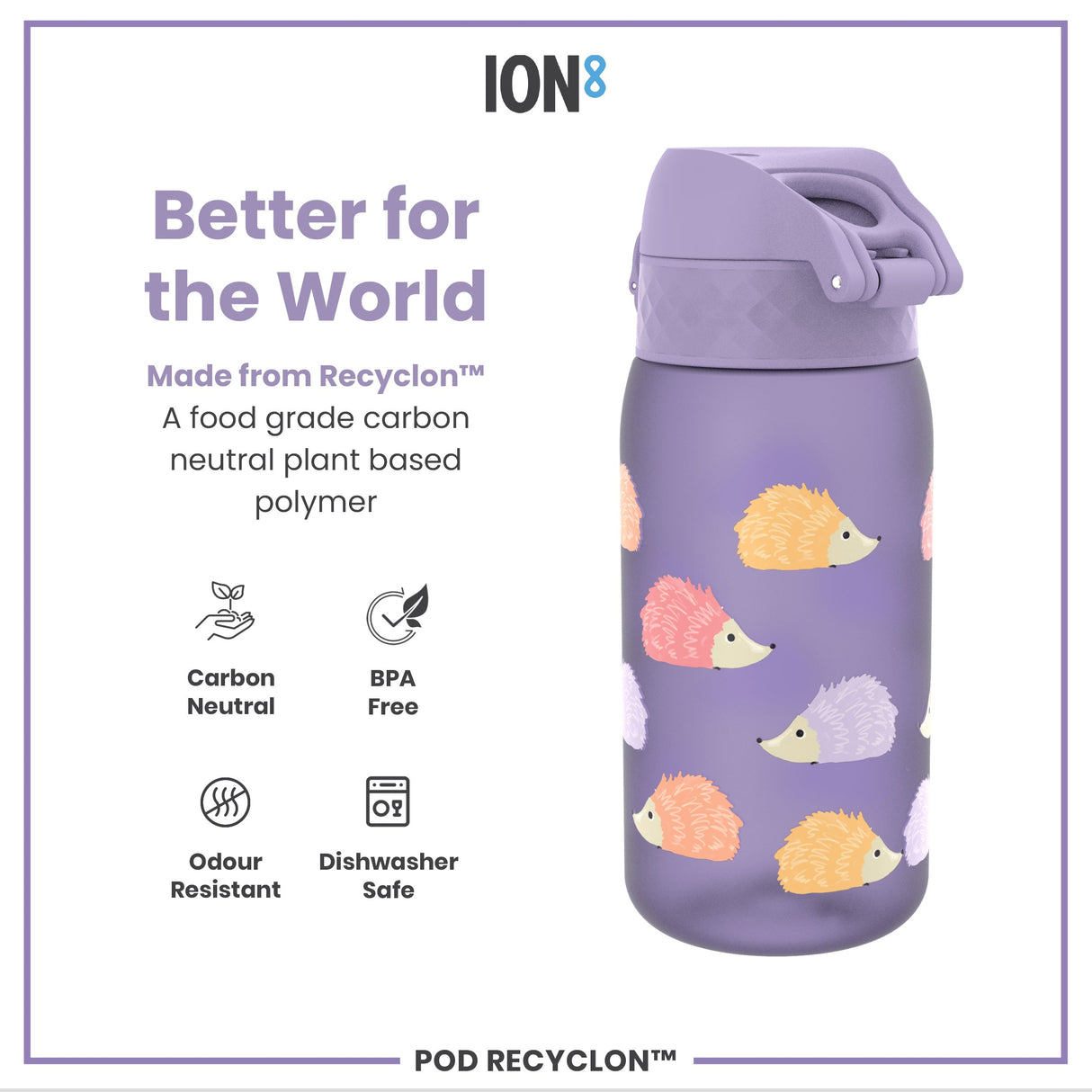 ION8 Leak Proof Kids' Water Bottle, Recyclon, Hedgehogs, 350ml (12oz)