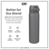 ION8 Leak Proof Slim Thermal Steel Water Bottle, Insulated, Grey, 500ml (17oz)