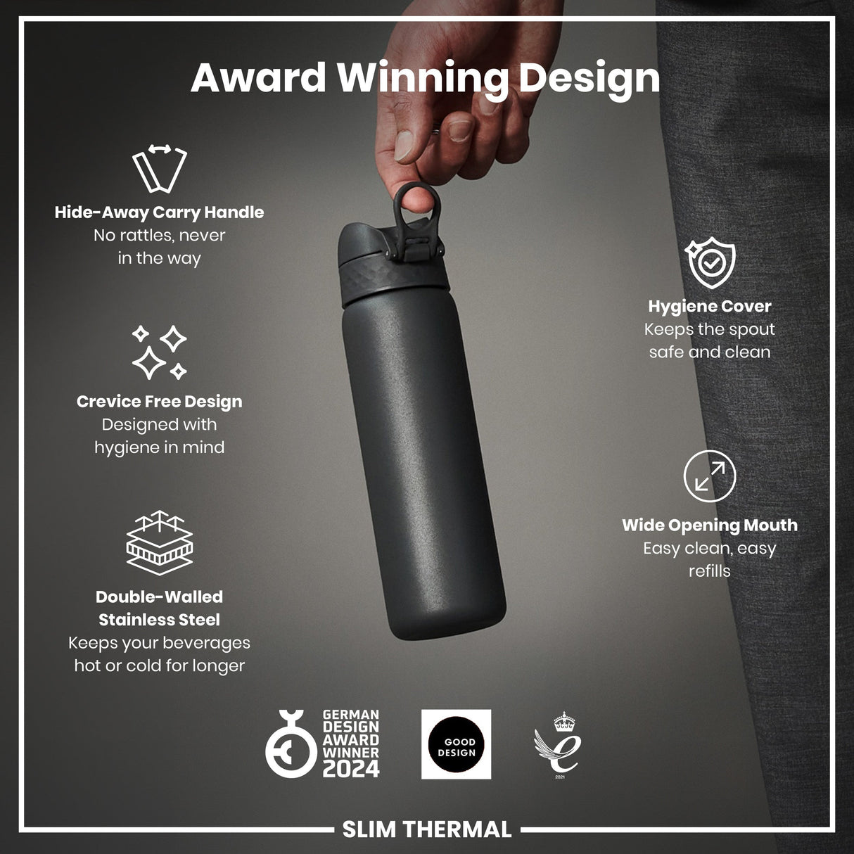 ION8 Leak Proof Slim Thermal Steel Water Bottle, Insulated, Grey, 500ml (17oz)