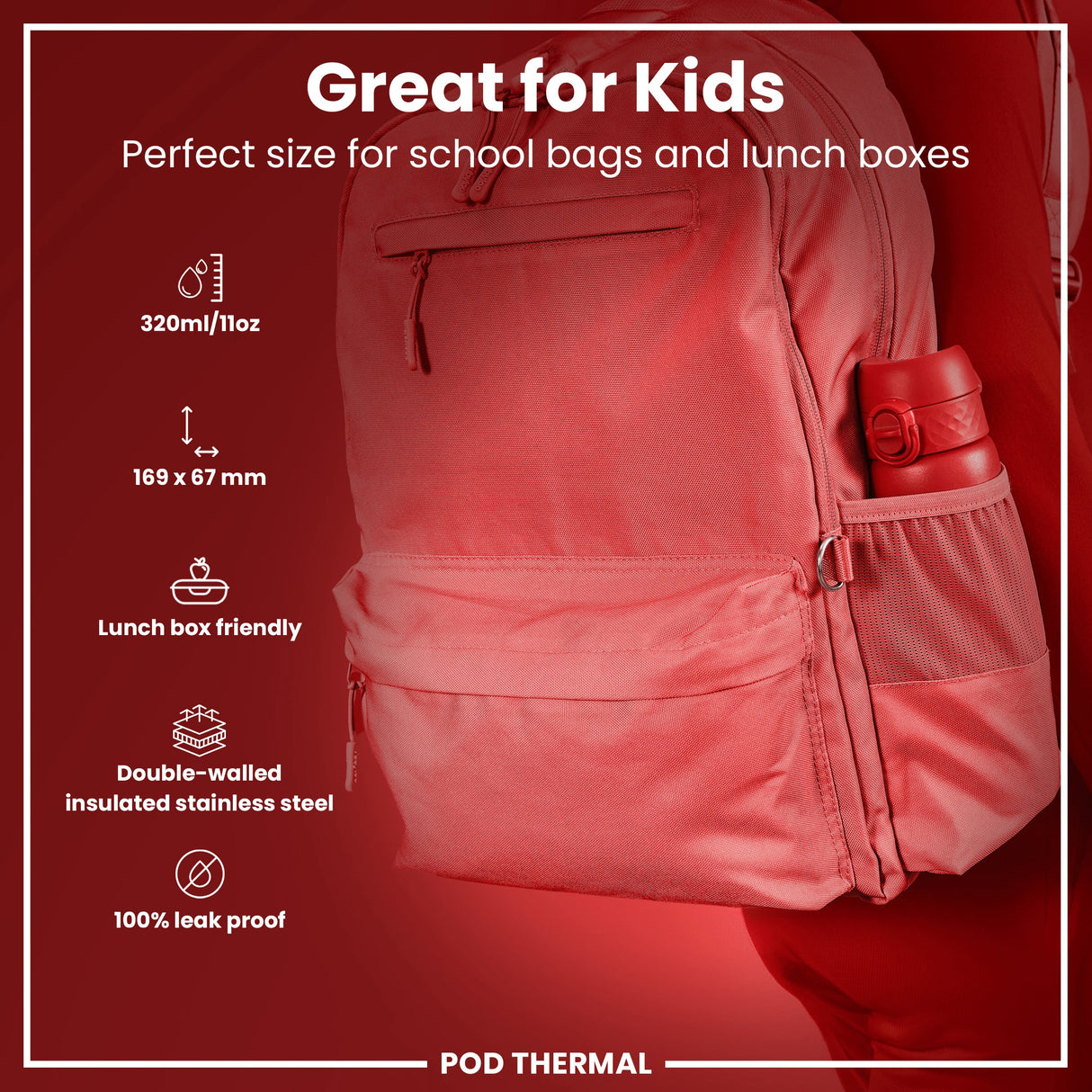 ION8 Leak Proof Thermal Steel Water Bottle, Insulated, Red, 320ml (11oz)