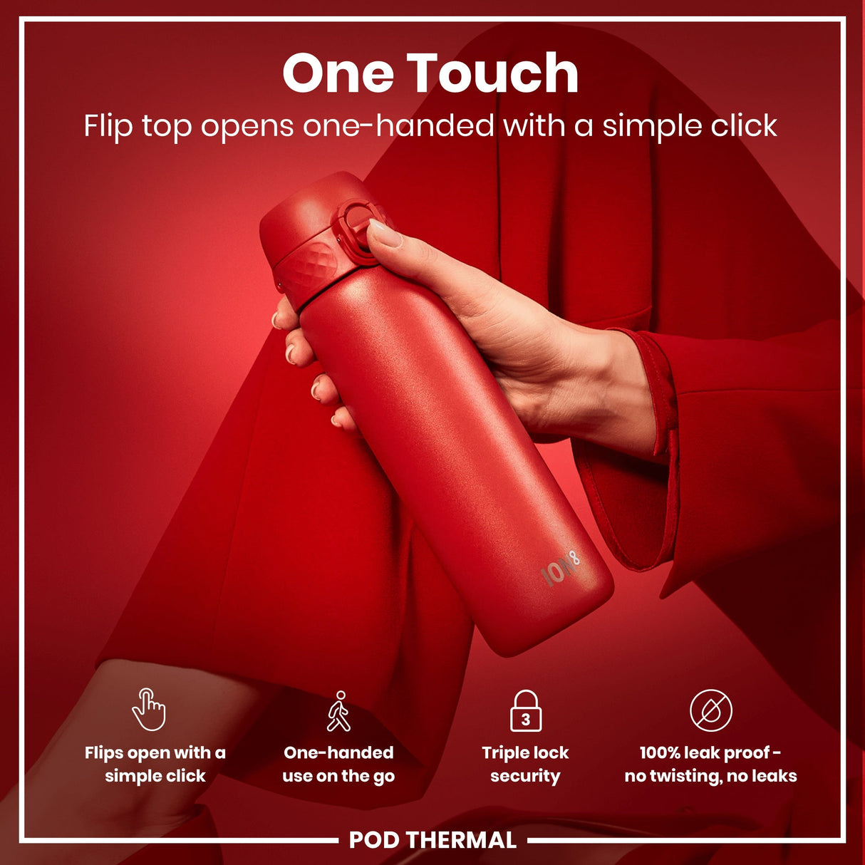 ION8 Leak Proof Thermal Steel Water Bottle, Insulated, Red, 320ml (11oz)