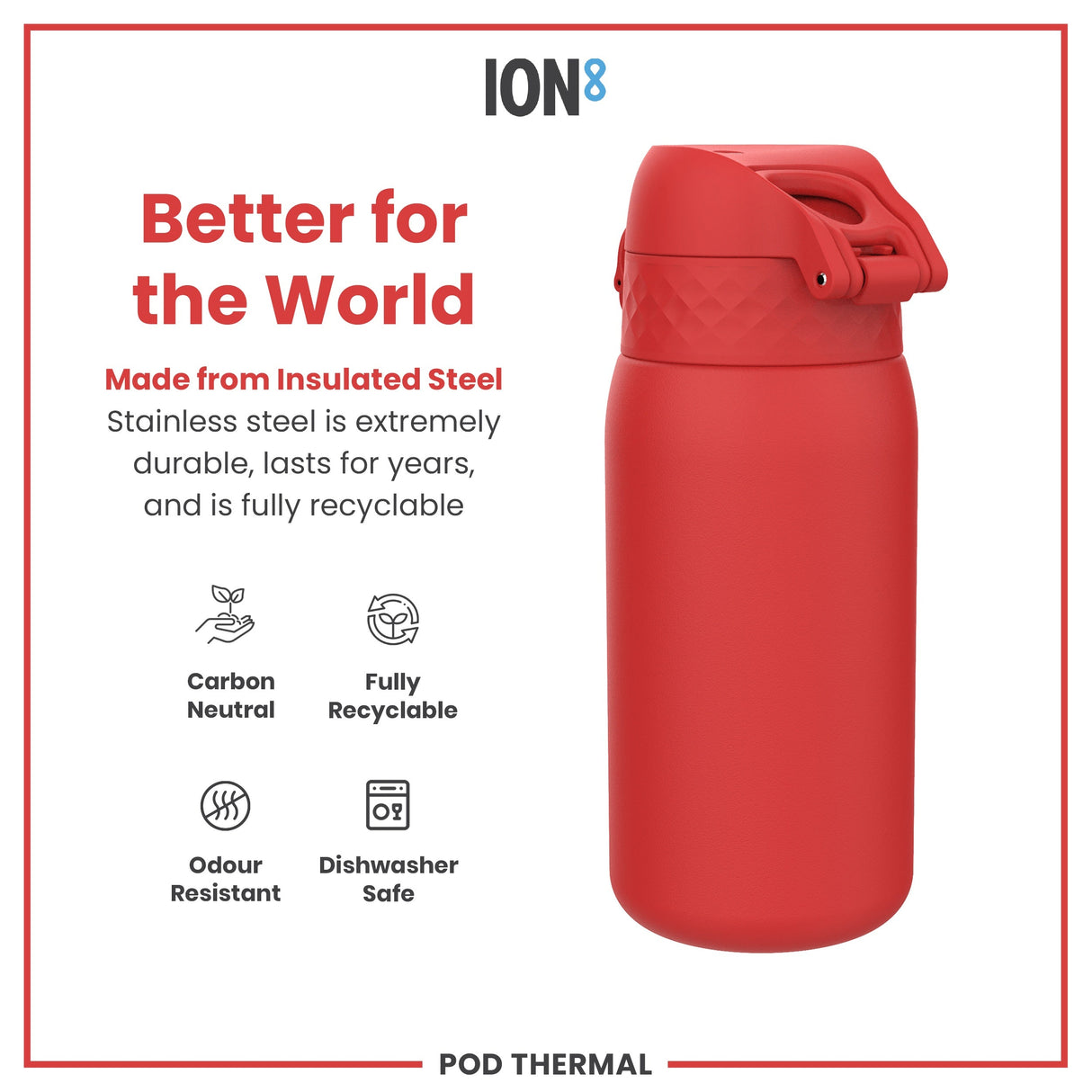 ION8 Leak Proof Thermal Steel Water Bottle, Insulated, Red, 320ml (11oz)