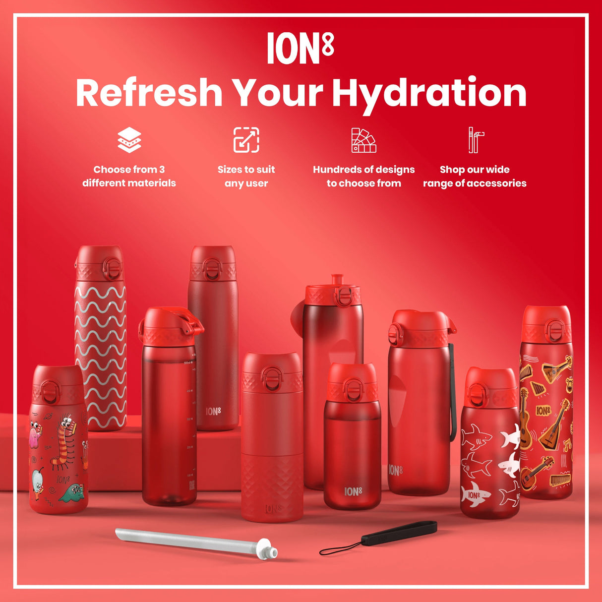 ION8 Leak Proof Thermal Steel Water Bottle, Insulated, Red, 320ml (11oz)