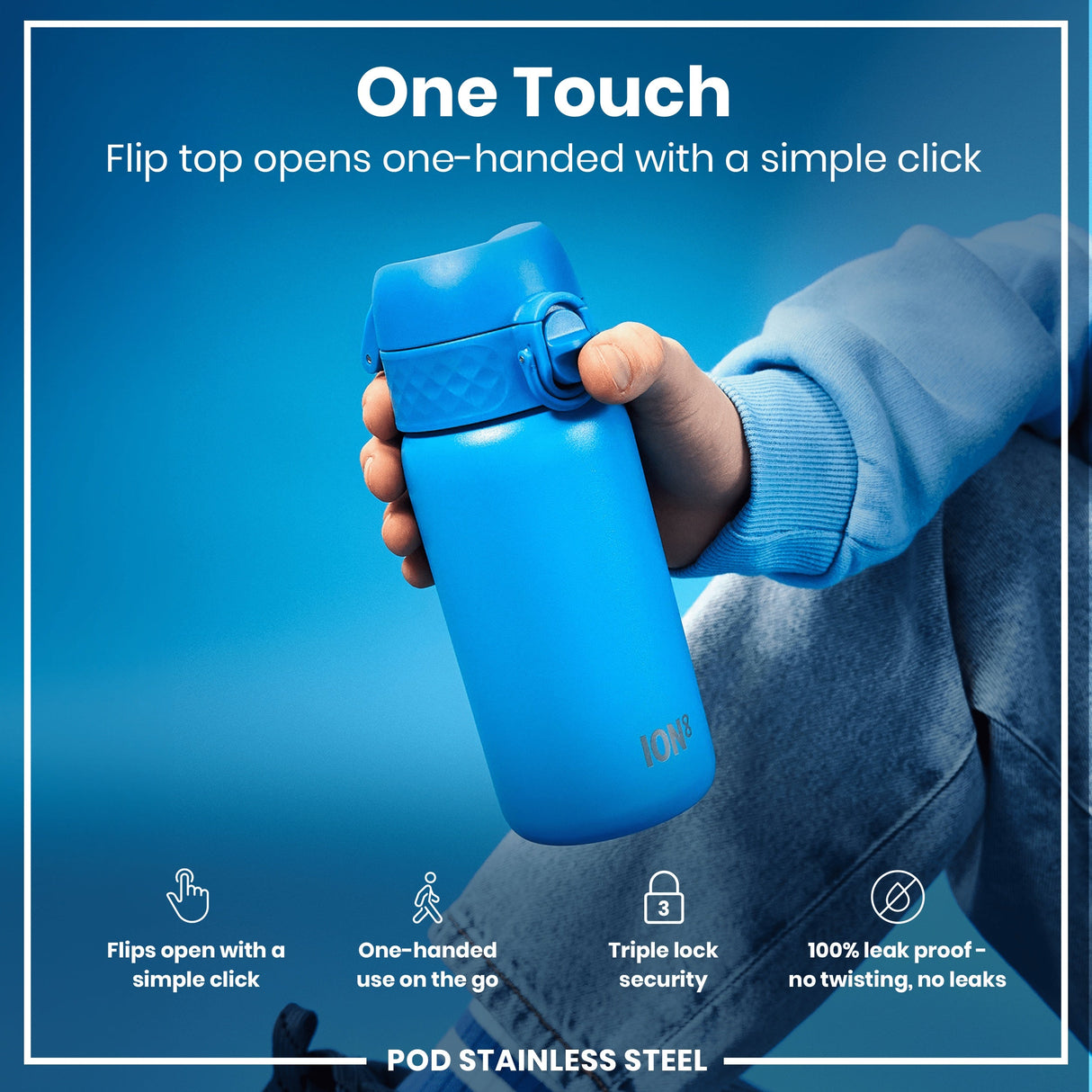 ION8 Leak Proof Water Bottle, Stainless Steel, Blue, 400ml (13oz)