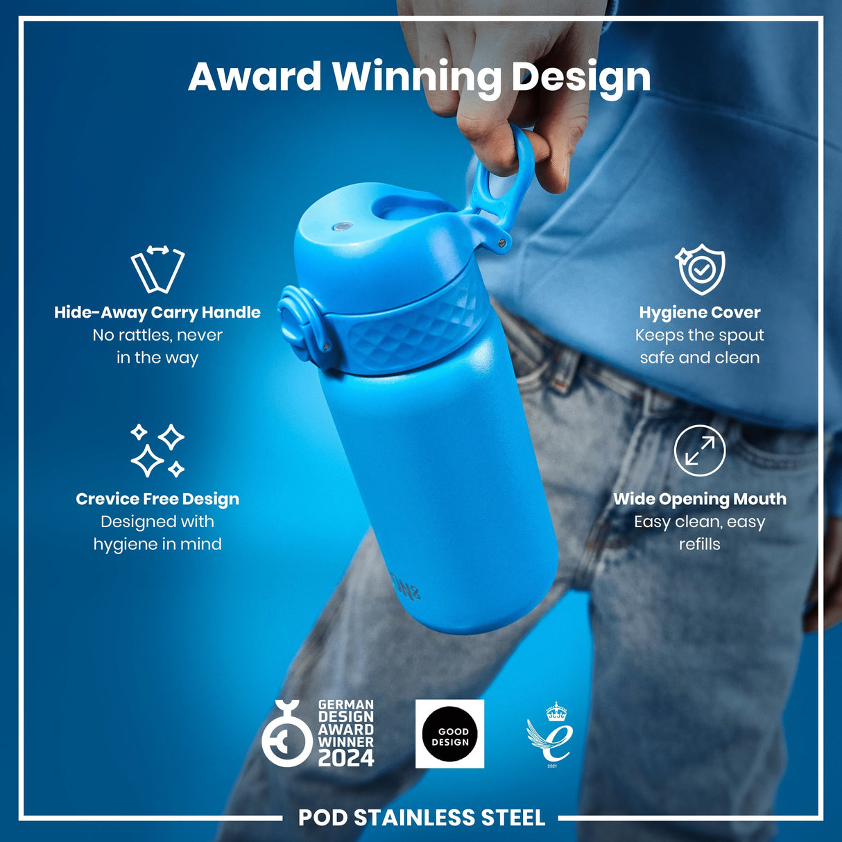 ION8 Leak Proof Water Bottle, Stainless Steel, Blue, 400ml (13oz)